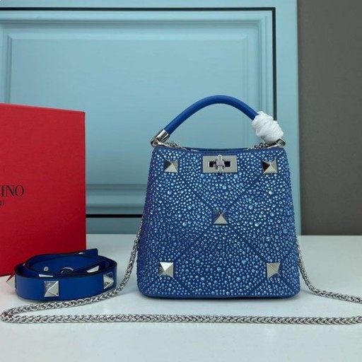Valentino Mini Roman Stud Handbag With Sparkling Crystals In Nappa Leather Blue