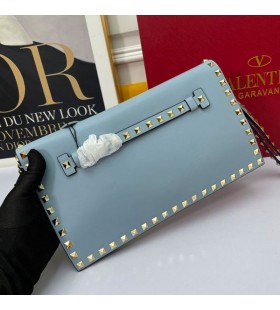 Valentino Large Rockstud Wristlet Clutch With Chain In Calfskin Sky Blue