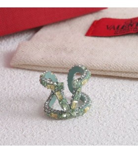 Valentino VLogo Signature Open Ring In Metal With Crystals Teal