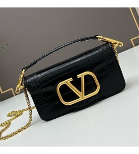 Valentino Small Loco Shoulder Bag In Crocodile Embossed Leather Black