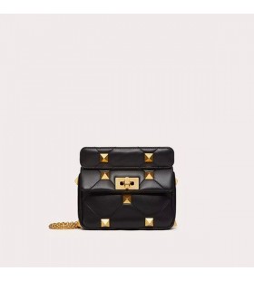 Valentino Small Roman Stud Shoulder Bag In Nappa Leather Black/Gold
