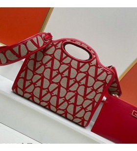 Valentino Small Le Troisieme Shopping Bag In Toile Iconographe Fabric Red