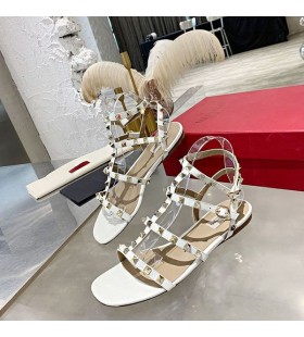 Valentino Rockstud Flat Sandals With Ankle Strap Women Calfskin White