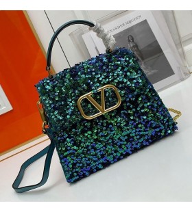 Valentino Small Vsling Handbag With 3D Embroidery In Calfskin Green/Blue