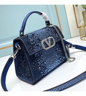 Valentino Mini Vsling Handbag With Sparkling Crystals In Calfskin Navy Blue