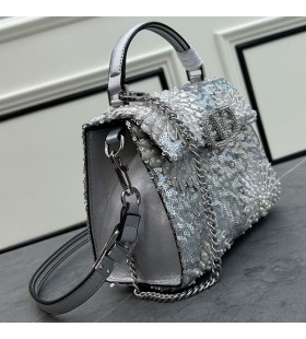 Valentino Mini Vsling Handbag With Floral 3D Embroidery and Pearl Crystals In Calfskin Silver