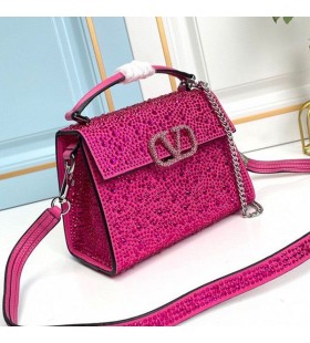 Valentino Mini Vsling Handbag With Sparkling Crystals In Calfskin Rose/Silver