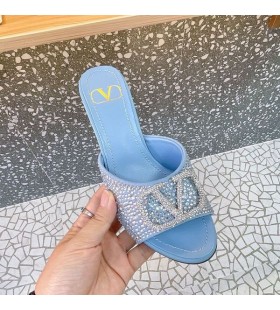 Valentino VLogo Signature Heeled Slides With Crystals Women Sheepskin Sky Blue
