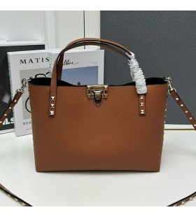 Valentino Small Rockstud Tote With Interior Pouch In Grainy Calfskin Brown