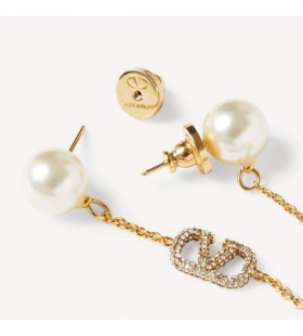 Valentino Small VLogo Signature Chain Earrings In Metal With Pearls and Crystal Balls Gold