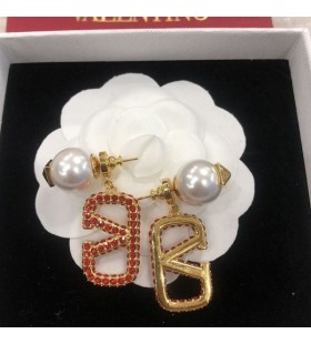 Valentino Small Rockstud Pendant Earrings In Metal With Pearls and Crystal VLogo Gold/Red