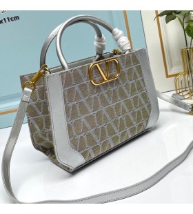 Valentino Small Shopping Bag In Toile Iconographe Fabric Silver/Khaki