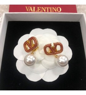 Valentino Mini VLogo Signature Pendant Earrings In Metal With Crystals and Pearls Gold/Red