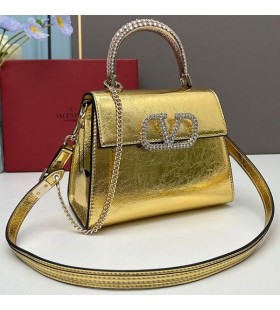 Valentino Small Vsling Handbag With Crocodile Leather and Jewel Embroidery In Calfskin Gold