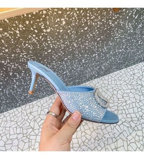 Valentino VLogo Signature Heeled Slides With Crystals Women Sheepskin Sky Blue