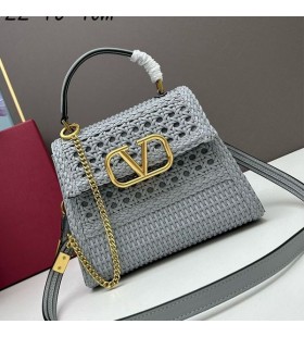 Valentino Small Vsling Handbag In Woven Calfskin Sky Blue