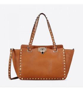 Valentino Small Rockstud Tote In Grainy Calfskin Brown