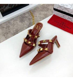 Valentino Roman Stud Heeled Mules With Straps Women Calfskin Burgundy