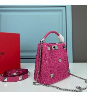 Valentino Mini Roman Stud Handbag With Sparkling Crystals In Nappa Leather Rose