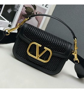 Valentino Alltime Shoulder Bag In Textile And Calfskin Black