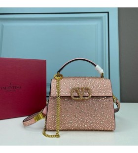 Valentino Mini Vsling Handbag With Sparkling Crystals In Calfskin Cherry/Gold