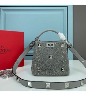 Valentino Mini Roman Stud Handbag With Sparkling Studs In Nappa Leather Grey