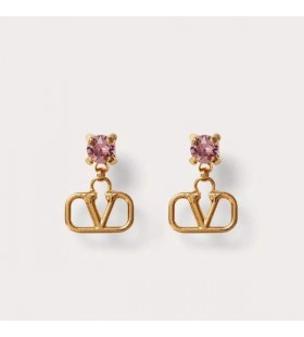Valentino Mini VLogo Signature Drop Earrings In Metal With Diamonds Gold/Pink