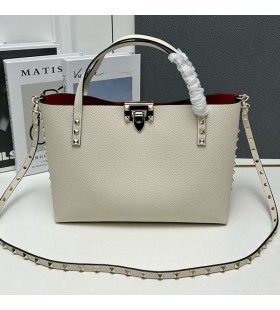 Valentino Small Rockstud Tote With Interior Pouch In Grainy Calfskin White