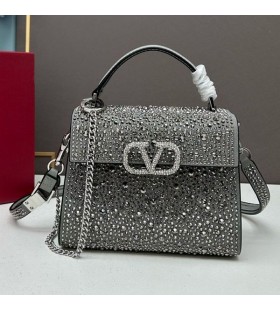 Valentino Mini Vsling Handbag With Sparkling Studs and Crystals In Suede Grey