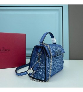 Valentino Mini Vsling Handbag With Sparkling Crystals In Calfskin Blue