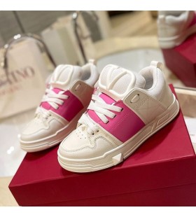 Valentino Aberto de Tênis de Skate Com VLogo Unisex Pelica e Tecido Branco/Rosa