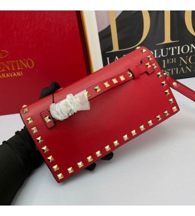 Valentino Beag Rockstud Wristlet Clutch Le Slabhra Calfskin Red
