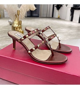 Valentino Rockstud Flip-Flop Diapositive Tacco Donna In Pelle Di Vitello Bordeaux