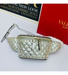 Valentinoå°Rockstudã‚¹ãƒ‘ã‚¤ã‚¯ãƒ™ãƒ«ãƒˆãƒãƒƒã‚°Lambskinã‚·ãƒ«ãƒãƒ¼/ã‚´ãƒ¼ãƒ«ãƒ‰