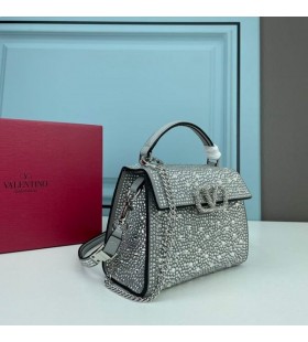 Valentino Mini Vsling Veske Med Glitrende Krystaller I Kalveskinn Grå