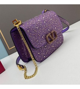 Valentino Small Vsling Crossbody Bag With Sparkling Crystals In Suede Purple