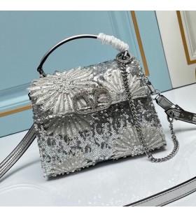 Valentino Mini Vsling Veske Med Blomster 3D Broderi og Perler Krystaller I Kalveskinn Grå