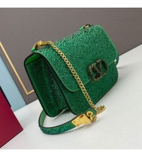 Valentino Små Vsling Crossbody-Veske Med Glitrende Krystaller I Semsket Skinn Grønn