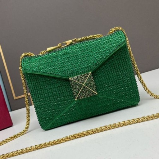 Valentino Mic Stud Geanta Crossbody Cu Lanț și Spumante, Cristale, Din Piele intoarsa Verde