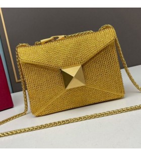Valentino Mic Stud Geanta Crossbody Cu Lant si Cristale Strălucitoare În piele de Căprioară Galben