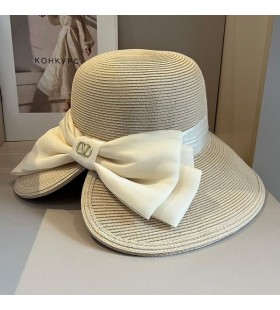 Organze Fiyonklu Valentino VLogo İmzalı Hasır Şapka Kadın Beyaz