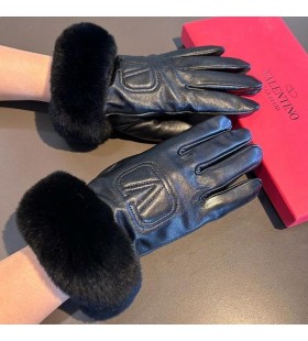 Valentino Vlogo Relieve Guantes De Mujer De Piel De Oveja Con Piel De Conejo Negro