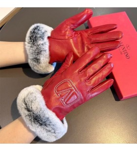 Valentino Vlogo Reliéfní Rukavice Ženy Ovčí Kůže S Králičí Kožešiny Červená