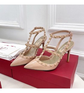 Valentino Rockstud Ankel Rem Pumper Kvinder Patent Læder Apricot