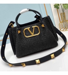 Valentino Small VLogo Signature Shopping Bag With Roman Studs In Synthetic Riffia Black