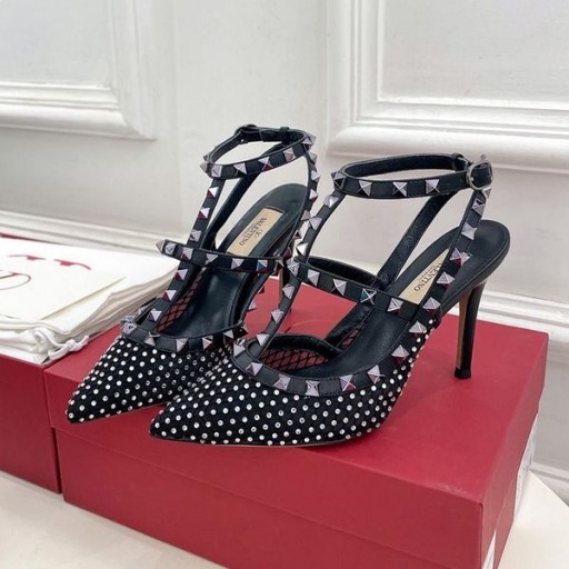 Valentino Rockstud Pompes De Femmes Mesh Avec Des Cristaux Et Des Bretelles Noir