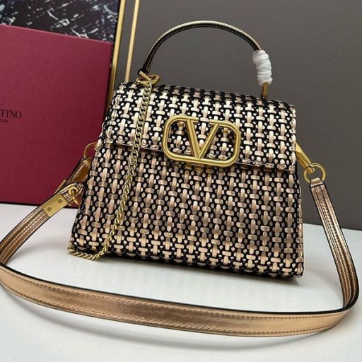 Valentino Petit Vsling Sac À Main En Tissu Rayé Avec Du Veau D'Or/Noir