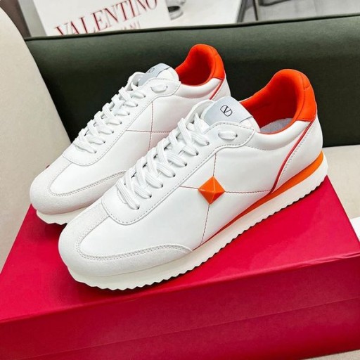 Valentino Goujon Autour De Low-Top Sneakers Unisexe En Cuir De Veau Et Daim Blanc/Orange