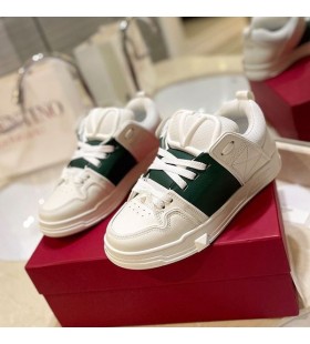 Valentino Ouvert Skate Baskets Avec VLogo Unisexe en cuir de Veau et Tissu Blanc/Vert Foncé