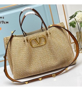 Valentino Moyen VLogo Signature Sac Shopping Avec Romain Crampons Synthétique Riffia Beige